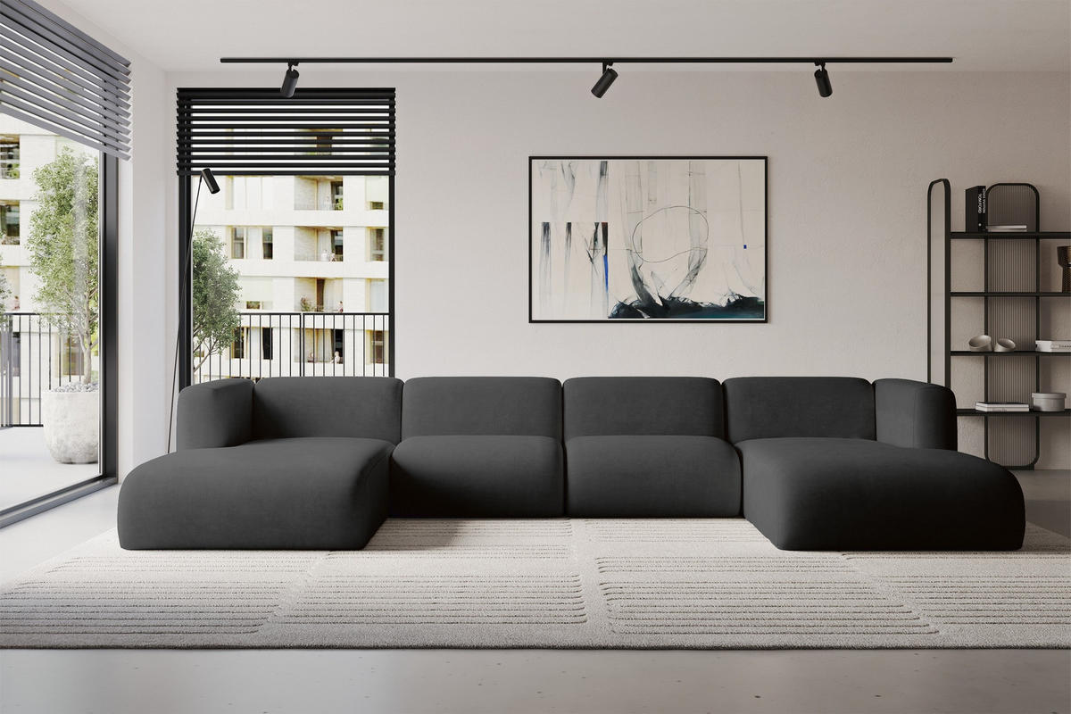 WOHNLANDSCHAFT MIRA-U2 408x179x70 Schwarz Velours - Anthrazit/Schwarz, Holzwerkstoff/Kunststoff (408/70/179cm) - ALTDECOR