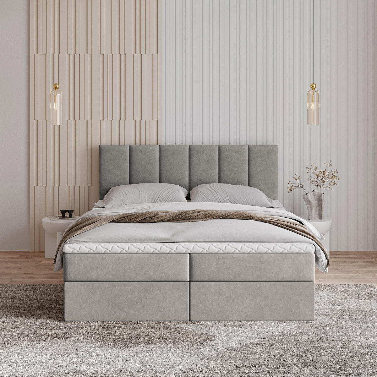 BOXBETT MERIL 160x200 cm mit Matratze und Topper - Grau - Grau, Holz (160/200cm) - MASSENO