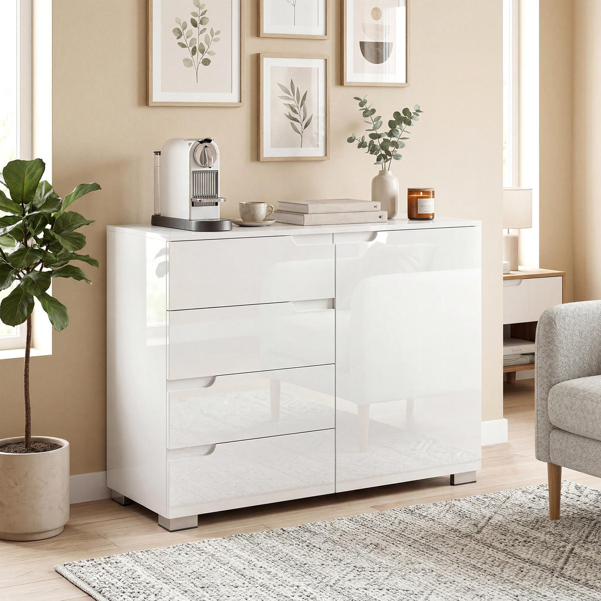 SIDEBOARD Weiß Hochglanz, 4 Schubladen, 1 Tür, 100/40/80 cm - Weiß Hochglanz, Holz (100/80/40cm) - PANGIVO