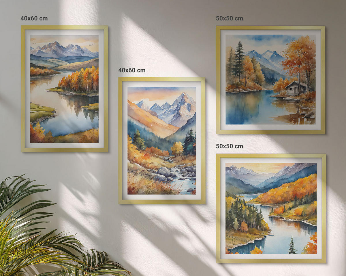 WANDBILDER 4er Set - 50x50 cm & 40x60 cm Goldrahmen - Bergblick, Fluss, Herbst - Goldfarben, Kunststoff (50/50cm) - ArtPrintCave