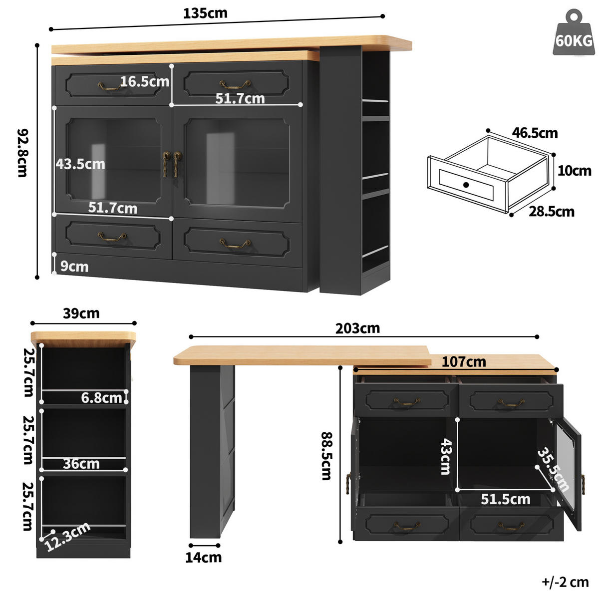 ESSZIMMERSCHRANK aus MDF 135-203x39x92,8cm in Schwarz mit LED - Schwarz, Holzwerkstoff (39/92.8/203cm) - Modfu
