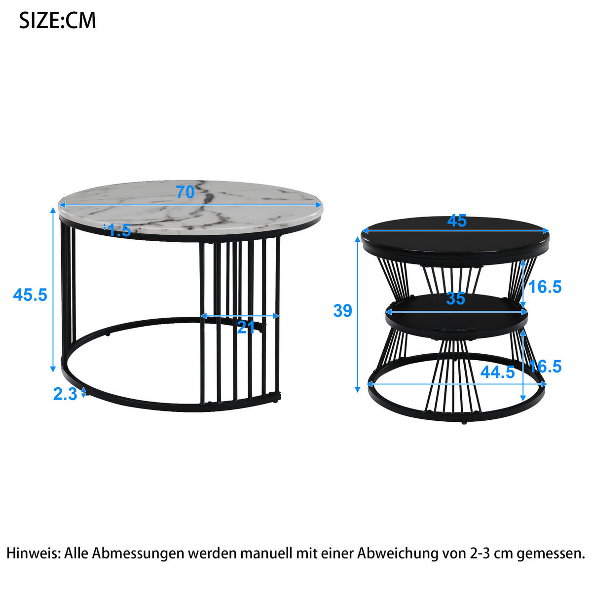 COUCHTISCHSET schwarz und weiß - Schwarz/Weiß, Holzwerkstoff/Metall (70/70/45.5cm) - Urban Meuble