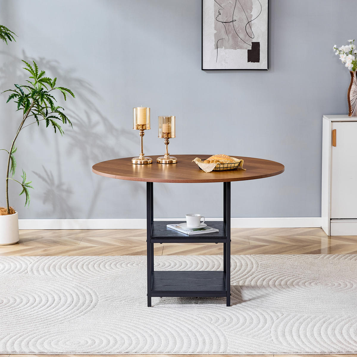 ESSTISCH 107/107/75 cm schwarz walnussfarben aus MDF und Metall mit doppelter Ablage - Schwarz, Holzwerkstoff (107/107/75cm) - OKWISH