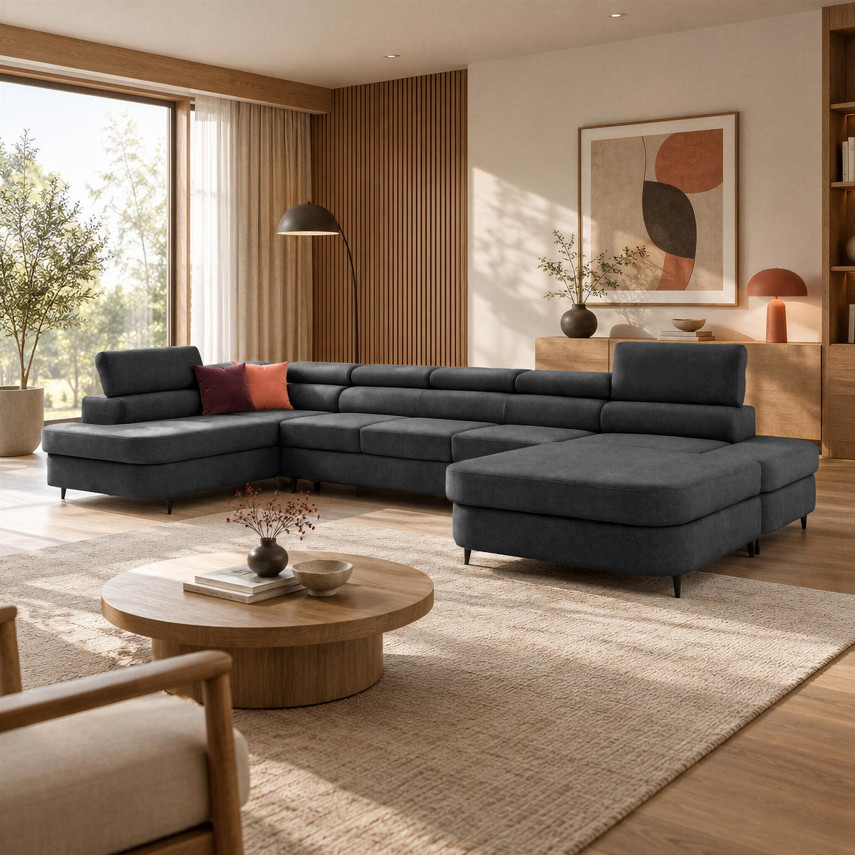 ECKSOFA U-Form PRIAM MAXI U Links mit Schlaffunktion 125x317 Velours Dunkelgrau - Dunkelgrau/Schwarz, Holz/Textil (203/91/400cm) - Muffo