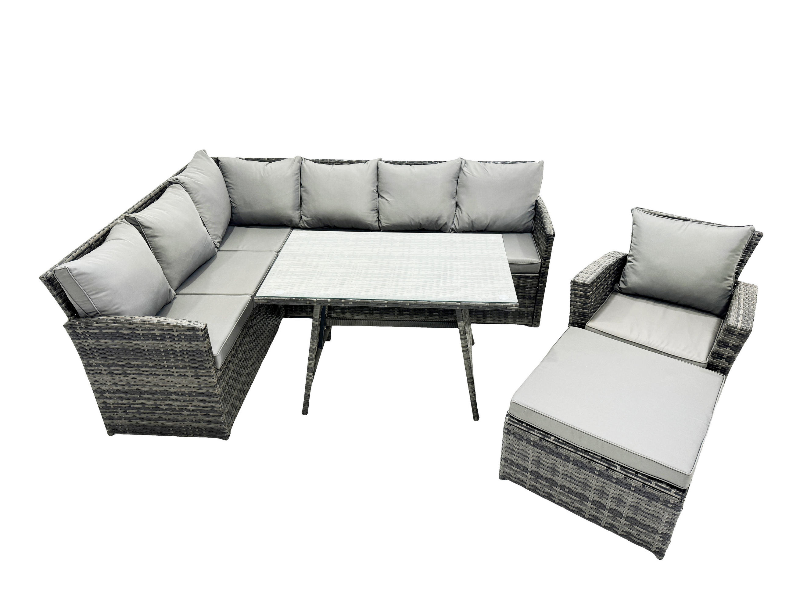 SITZGRUPPE mit Ecksofa,Fußhocker Polyrattan Dunkelgrau 8-Sitzer - Dunkelgrau/Grau, Glas/Kunststoff - Fimous