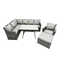 SITZGRUPPE mit Ecksofa,Fußhocker Polyrattan Dunkelgrau 8-Sitzer - Dunkelgrau/Grau, Glas/Kunststoff - Fimous