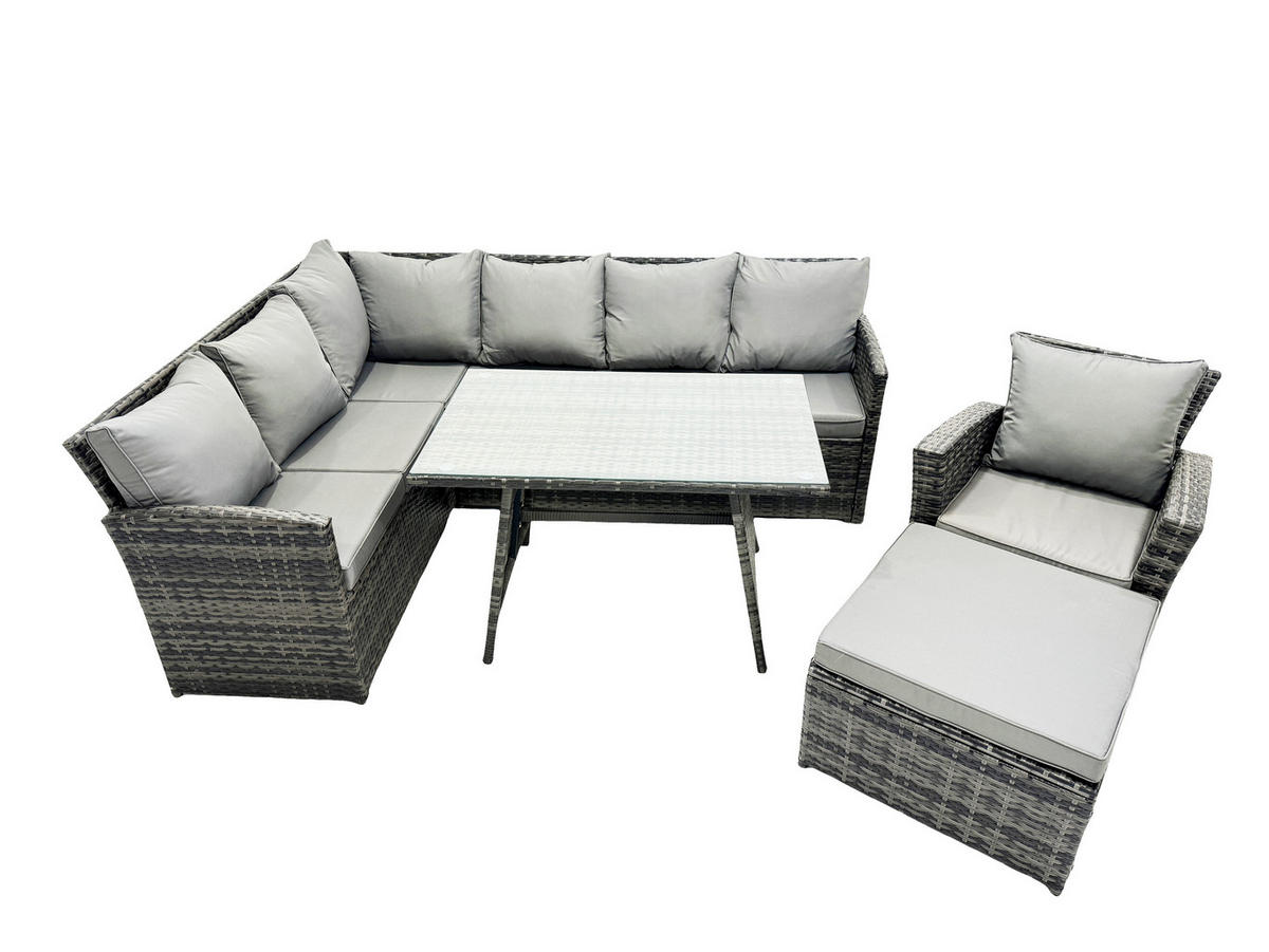 SITZGRUPPE mit Ecksofa,Fußhocker Polyrattan Dunkelgrau 8-Sitzer - Dunkelgrau/Grau, Glas/Kunststoff - Fimous