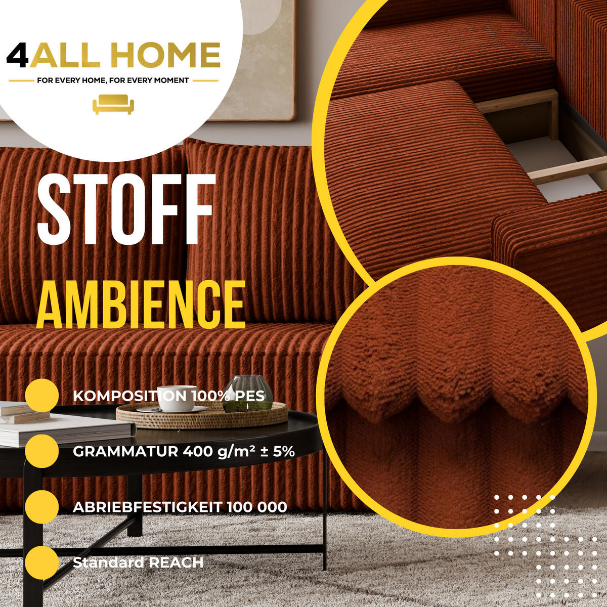 ECKSOFA Tobi mit Bettkasten und Schlaffunktion, L-Form, Cordstoff, Universal - Rostfarben, Holzwerkstoff (246/145cm) - 4ALL HOME