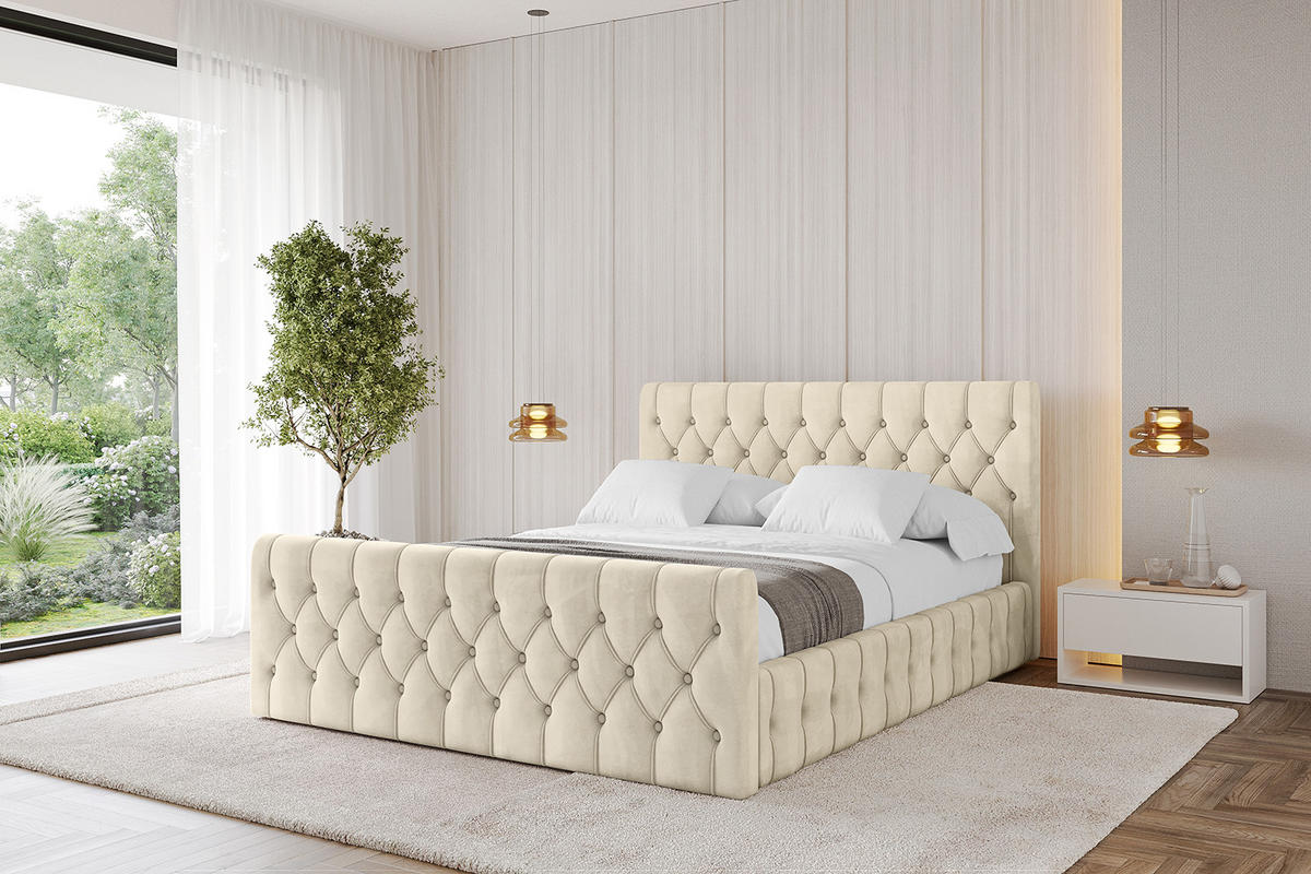 POLSTERBETT mit Bettkasten, Fußteil und Lattenrost, Boxbett ohne Matratze - LARO-Z 200x200 Beige - Ecru, Holzwerkstoff/Textil (200/200cm) - ALTDECOR
