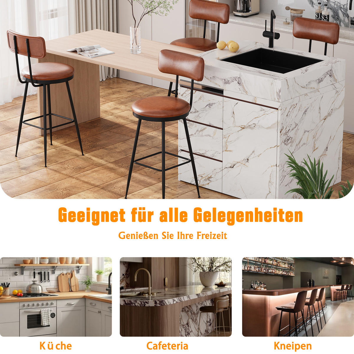 BARHOCKER 4er Set Metallgestell Kunstleder Rückenlehne Fußstütze 65 cm braun - Braun, Holz (38/85.5/38cm) - LEBENLANG