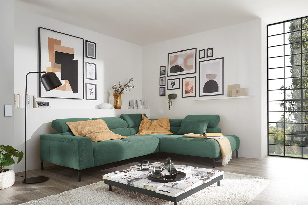 ECKSOFA DELIA Smaragdgrün Cord - Smaragdgrün/Schwarz, Textil/Metall (276/219cm) - KAWOLA