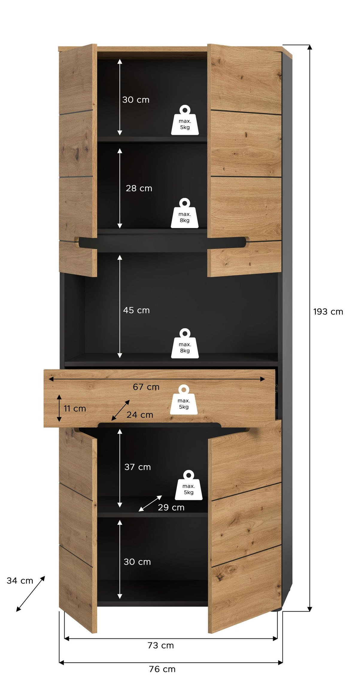 HOCHSCHRANK breit Canu Bad in Basalt grau Nachbildung und Artisan Nachbildung B/H/T: 76x193x34 cm - Grau, Holzwerkstoff (76/193/34cm)