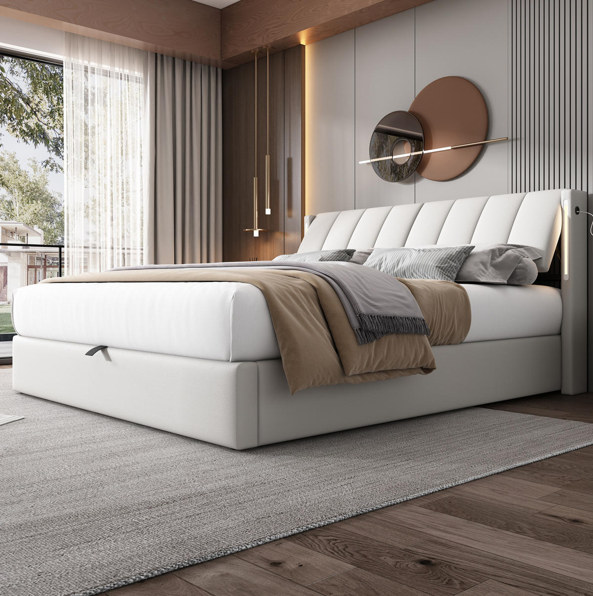 POLSTERBETT 160/200 cm Weiß mit Stauraum und USB-Anschluss - Weiß, Kunststoff (160/200cm) - OKWISH
