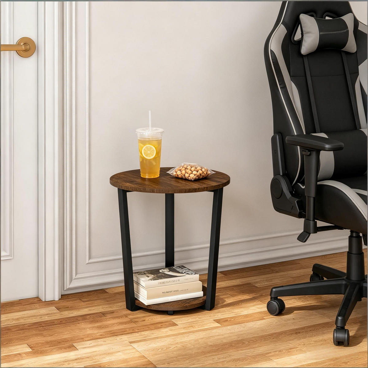 BEISTELLTISCH DE-37223 rund mit 2 Regalen Rustikales Braun - Dunkelbraun, Metall (50/50/53cm) - ComfortXL