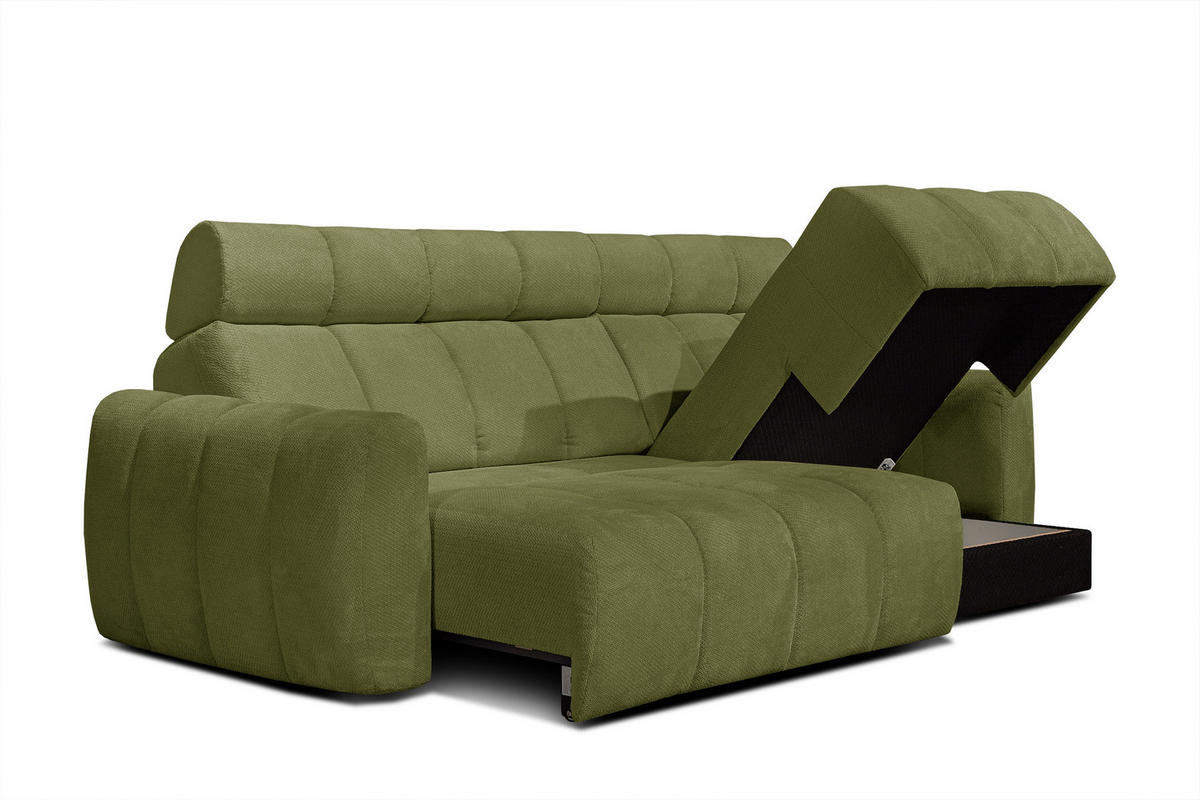 ECKSOFA KIMI 3-Sitzer, ausziehbarer Sitz, verstellbare Kopfstützen, olivgrün - Schwarz/Olivgrün, Holzwerkstoff/Textil (270/160cm) - Courtois Laville