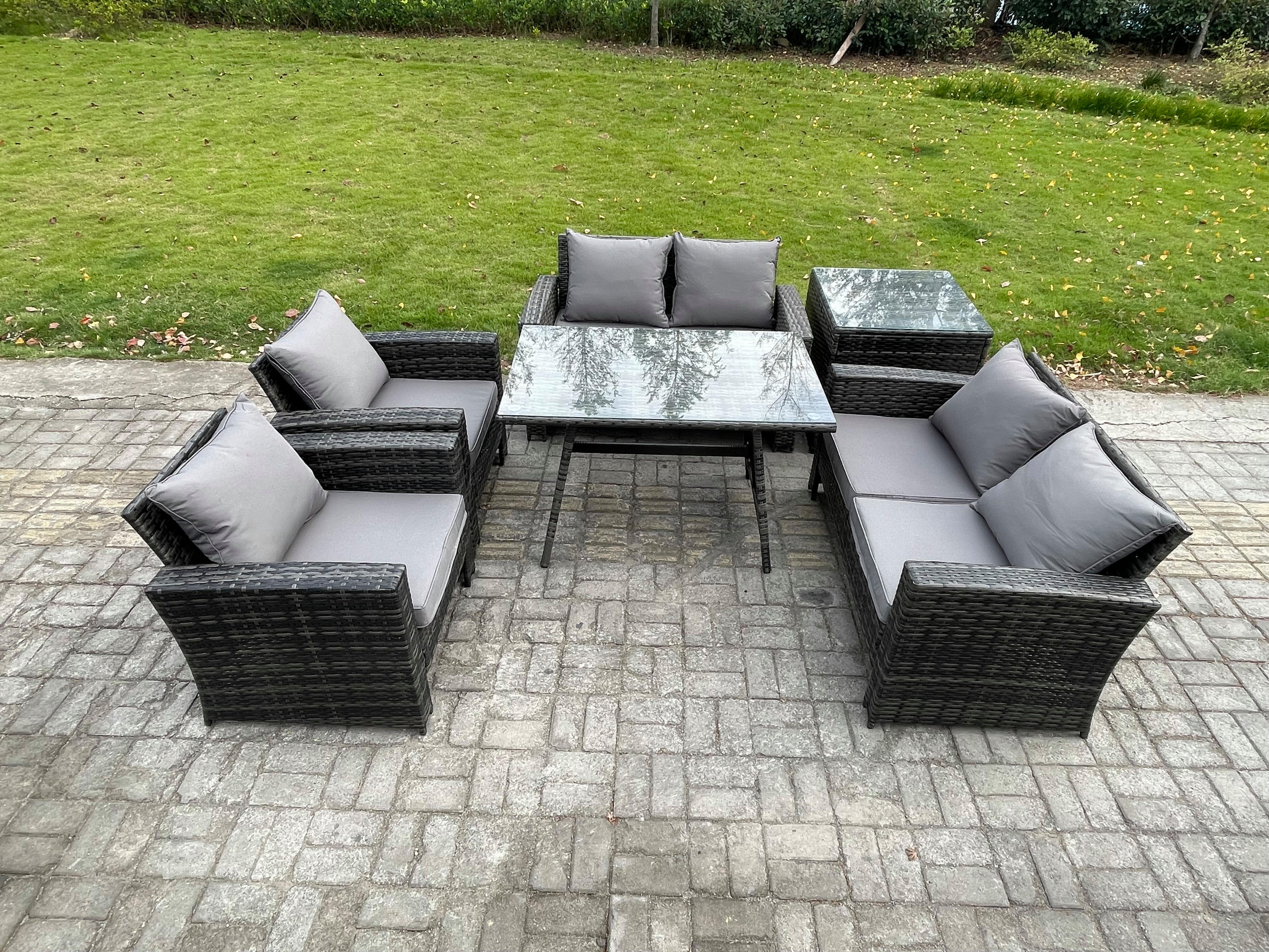 GARTENMÖBELSET mit ESSTISCH,HOCHLEHNER-SOFA Polyrattan Dunkelgrauer Mix 6-Sitzer - Dunkelgrau/Grau, Glas/Kunststoff - Fimous