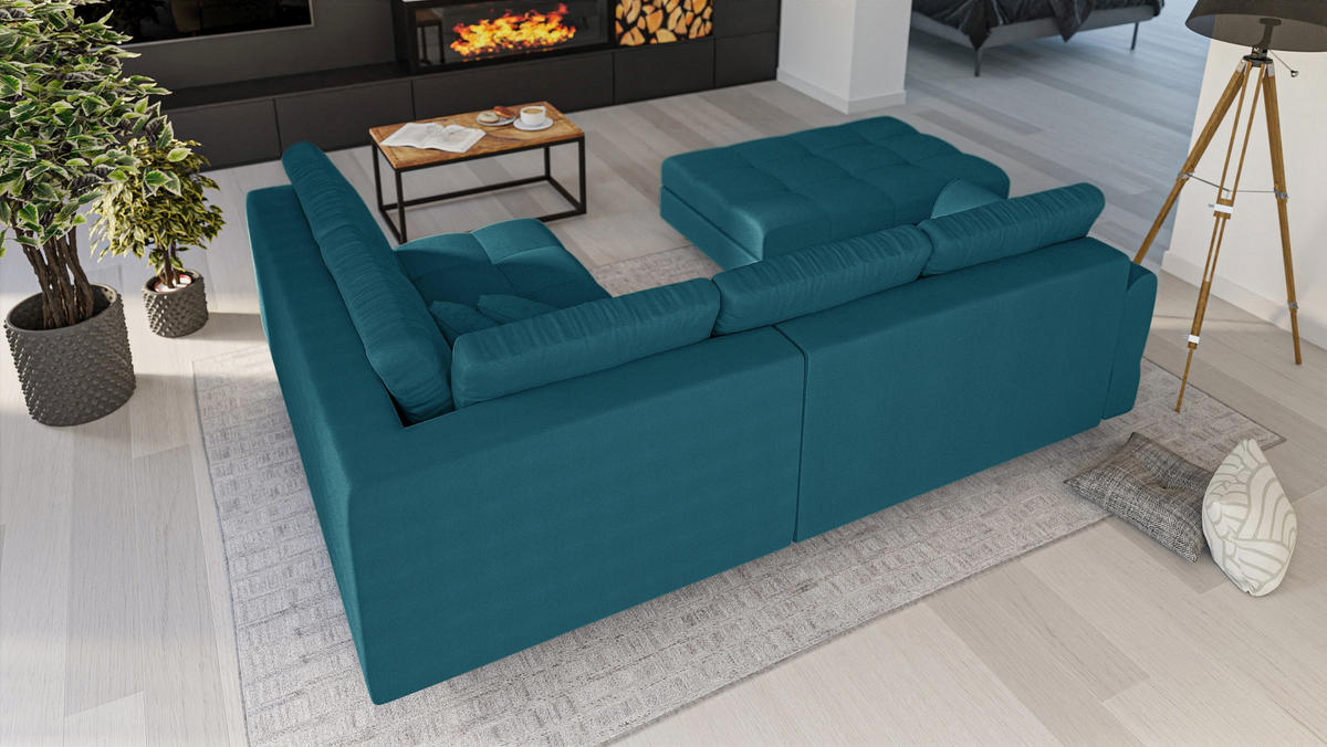 ECKSOFA MIT HOCKER Lorine Mikrofaser Blau - Blau/Hellbraun, Buchenholz/Textil (231/161cm) - S-Style Möbel