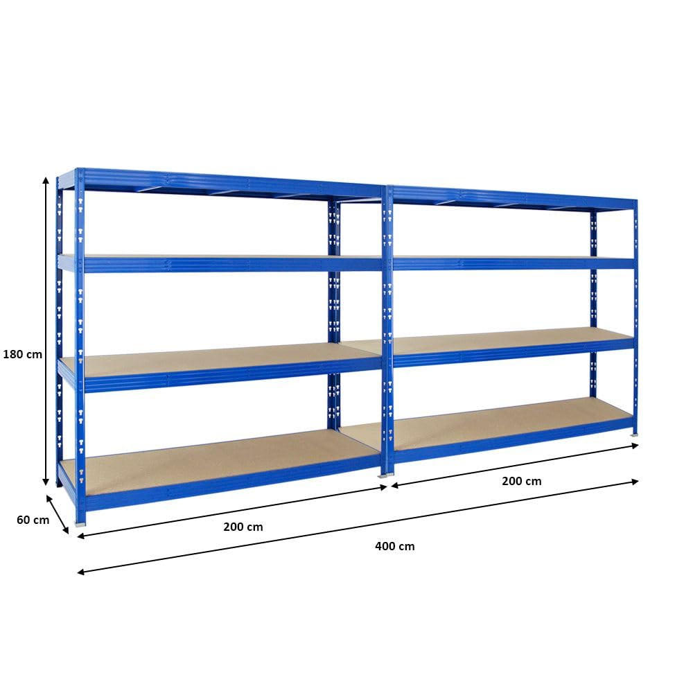 SCHWERLASTREGAL Rhino 2er-Set mit 2x 180x200x60 cm 4 Spanplatten-Ebenen 16mm Fachlast 500 kg Blau - Blau, Metall (400/180/60cm) - PROREGAL
