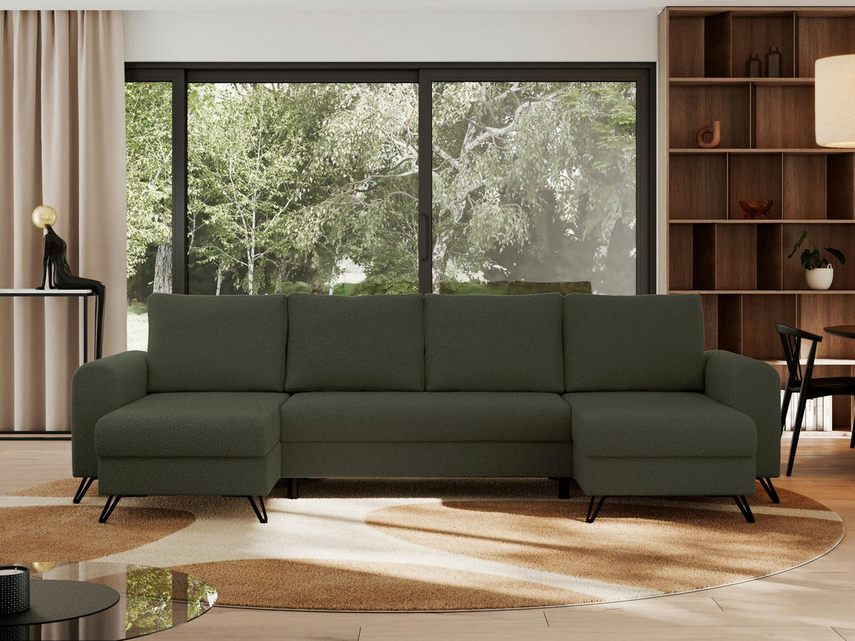 WOHNLANDSCHAFT AXEL U Boucle Grün - Schwarz/Grün, Textil/Metall (312/90/140cm) - MKS