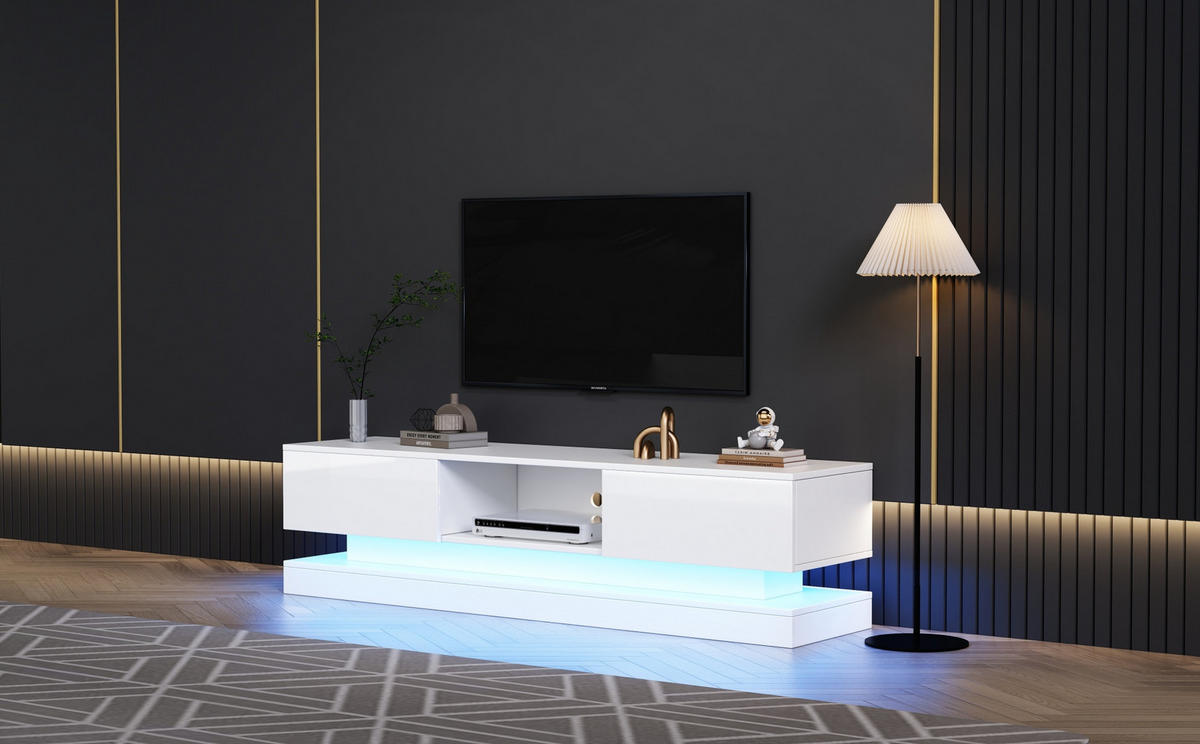 TV-LOWBOARD aus Spanplatte 160x35x40,5 cm Weiß mit LED-Beleuchtung, 2 Schubladen, App-Steuerung und Kabelmanagement - Weiß, Holzwerkstoff (160/40.5/35cm) - Modfu