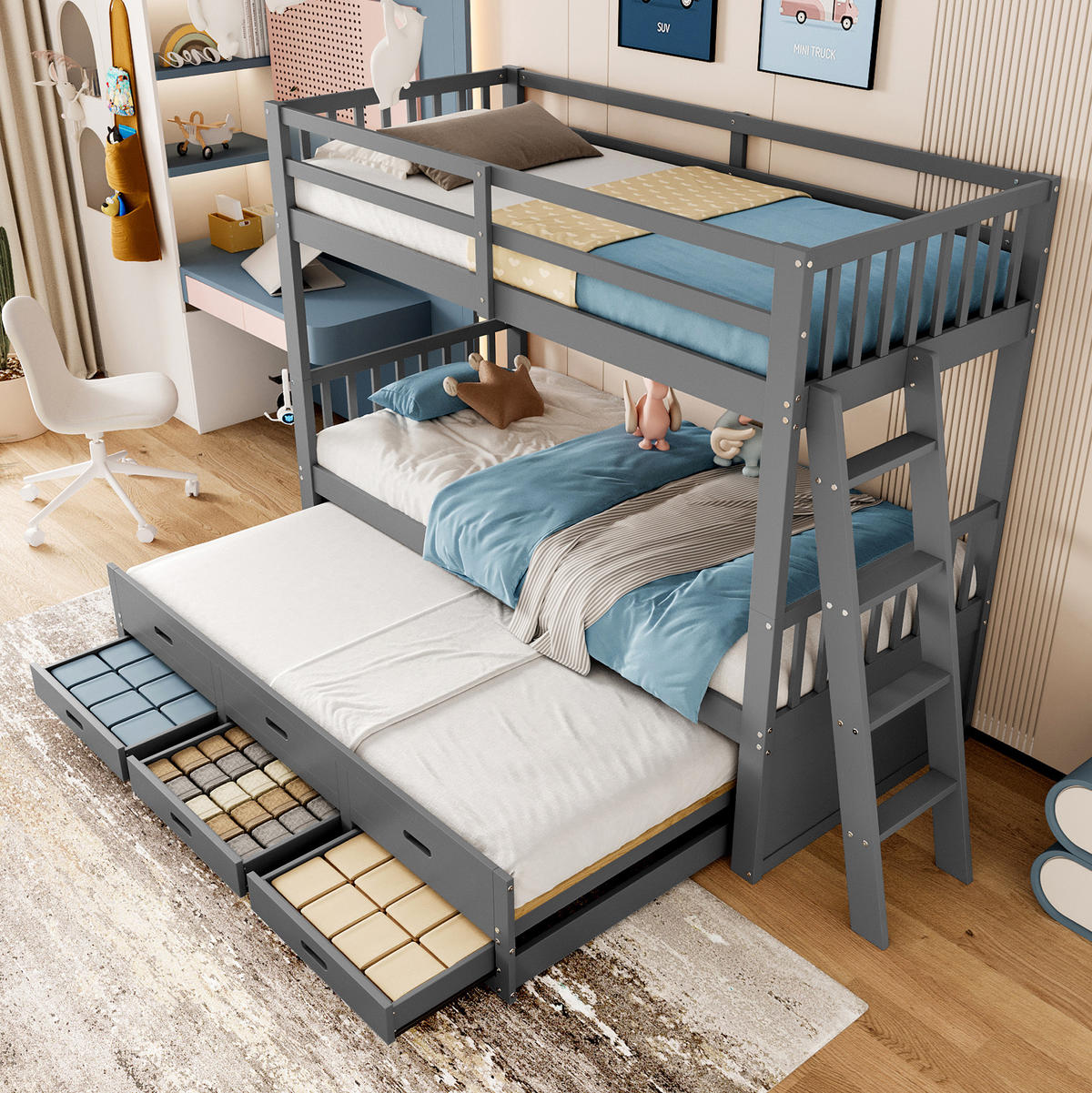 POSCHODOVÁ posteľ 90/200 cm sivá s výsuvným lôžkom a 3 zásuvkami z borovice a MDF - sivá, drevo (90/200cm) - OKWISH