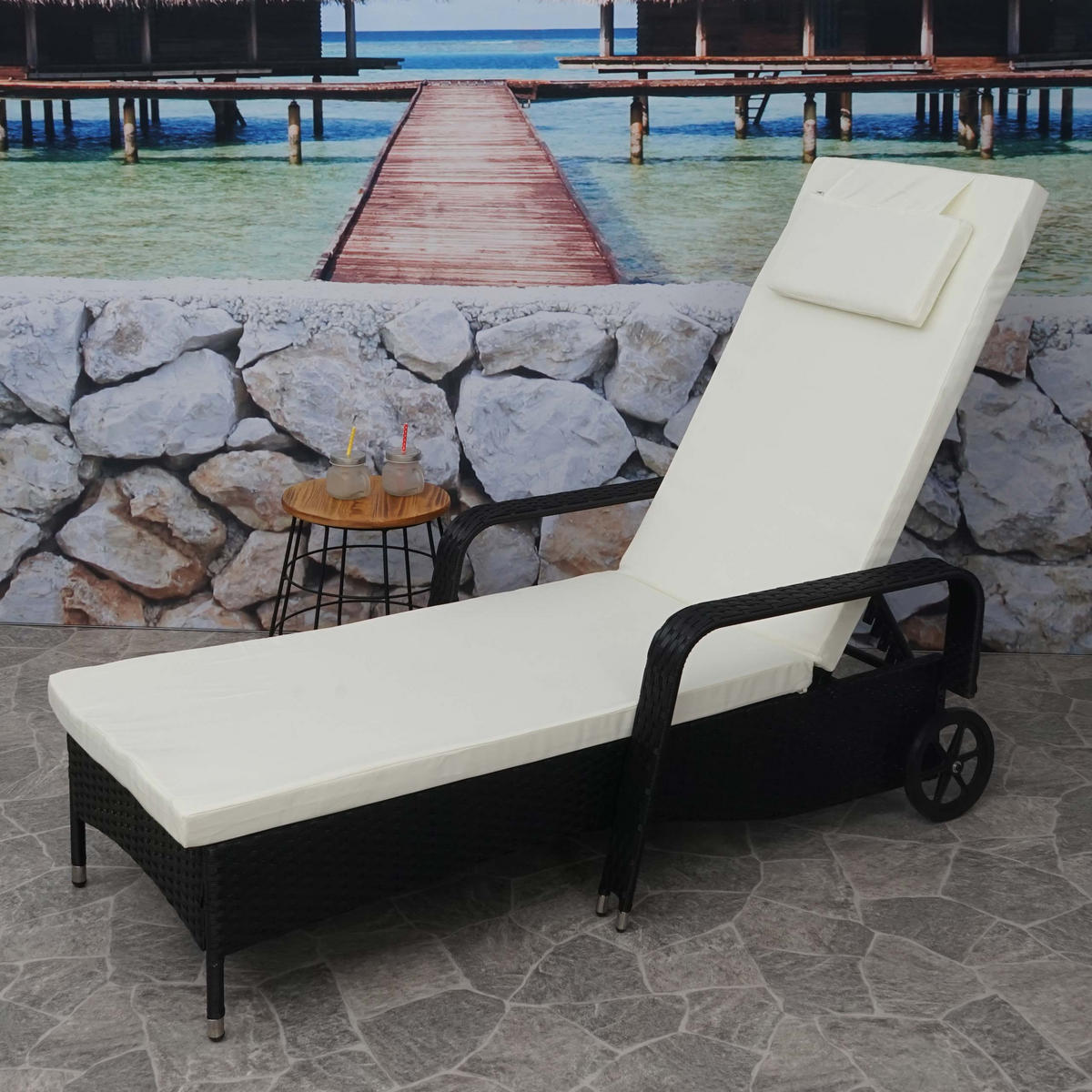 POLY-RATTAN SONNENLIEGE Anthrazit, Beige - Anthrazit/Beige, Kunststoff (71/108/197cm) - MCW