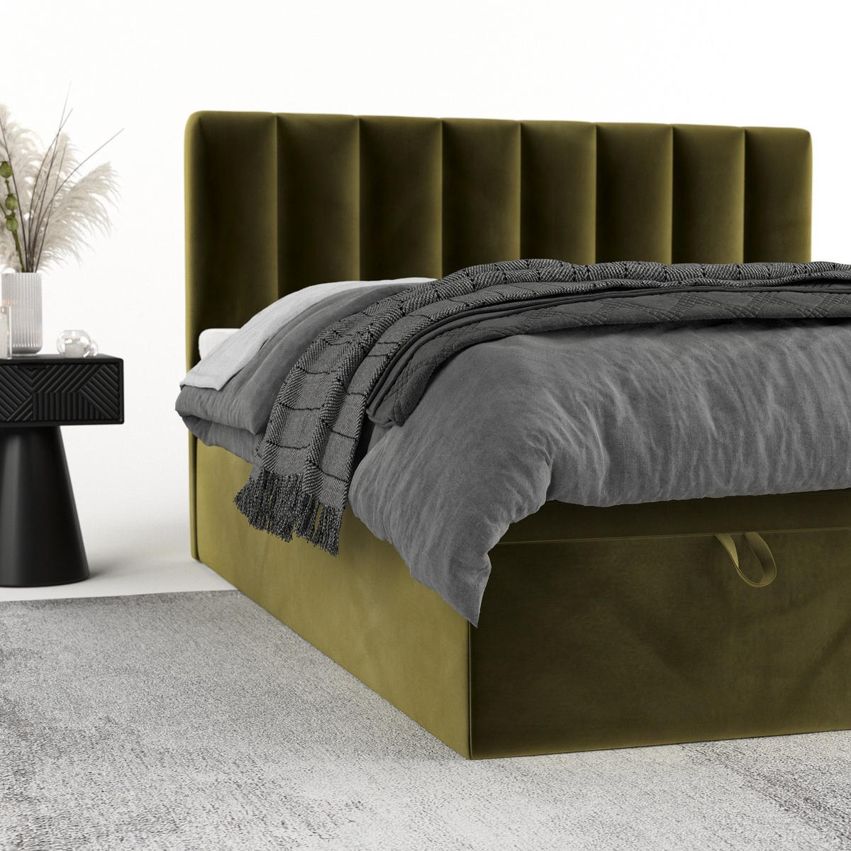 BOXBETT Lume 200/200 cm Olivgrün im Kronos Stoff - Schwarz/Olivgrün, Holz/Holzwerkstoff (200/200cm) - AltaBeds