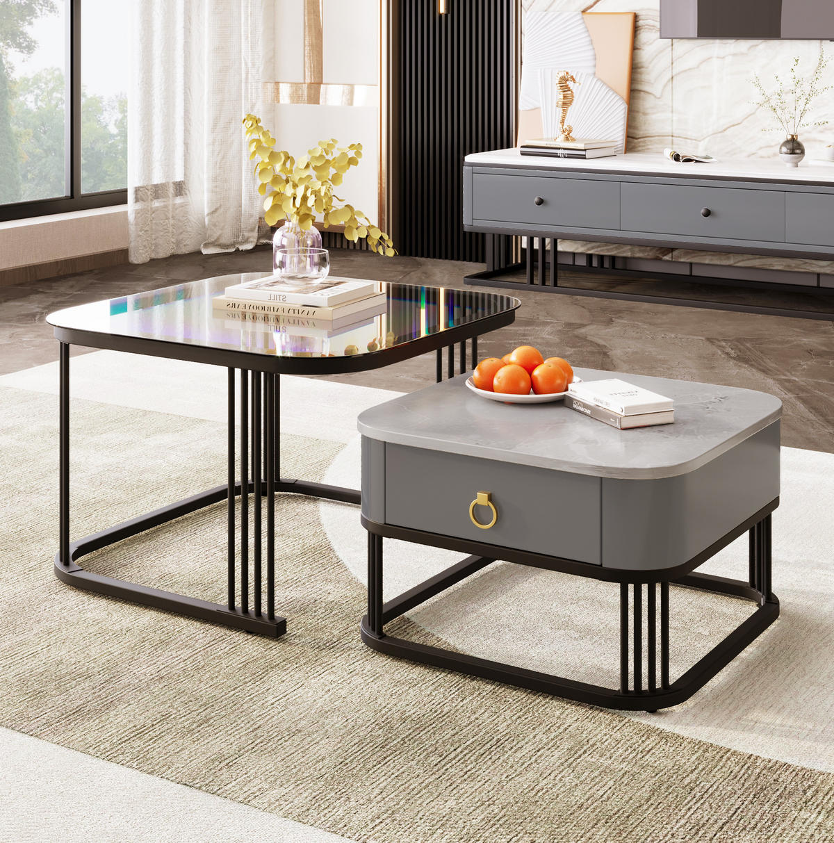 COUCHTISCH MDF mit Marmoroptik & Glas schwarzes Metallgestell integrierte Schublade, 60/60/42 + 50/50/34 cm, Schwarz und Grau - Schwarz, Holzwerkstoff (60/60/42cm) - Redom