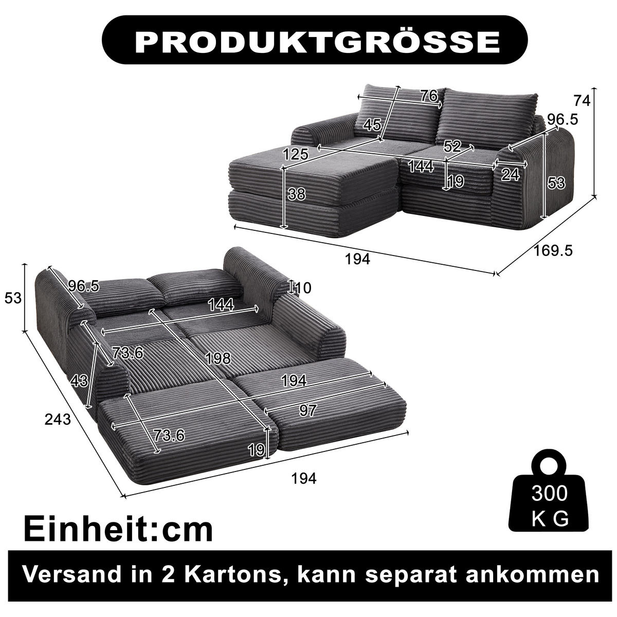 SCHLAFSOFA, Cord mit modularem Aufbau & abnehmbarer Fußstütze, 243/194/53 cm, Grau - Grau, Textil (243/53/194cm) - Redom