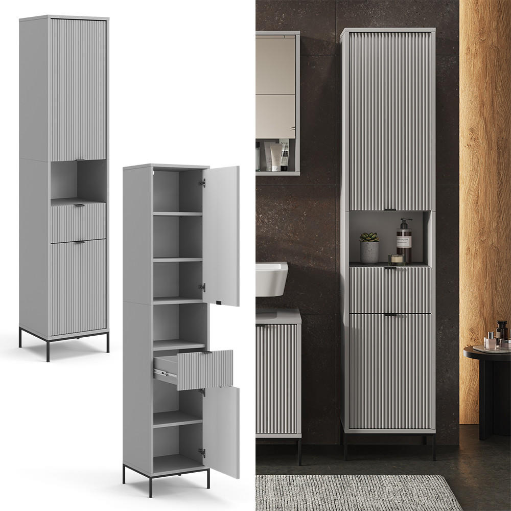BADSCHRANK Eliza Grau 40 x 190 cm mit Türen, und Schublade - Grau, Holzwerkstoff (40/190/35cm) - Vicco