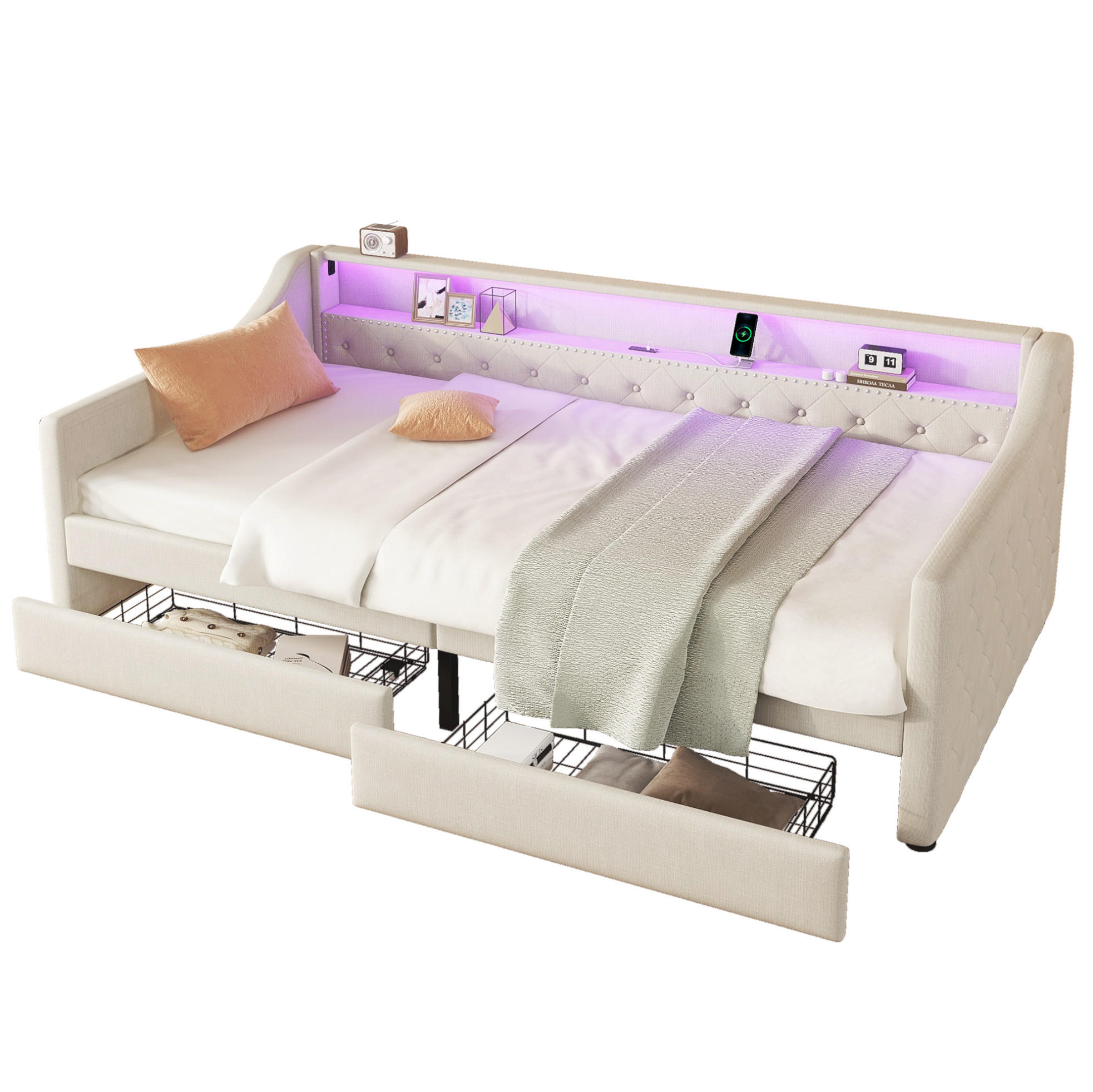 POLSTERBETT 90/200 cm Beige aus Leinen und MDF mit LED-Beleuchtung und 2 Schubladen - Beige, Textil (90/200cm) - OKMYHOME