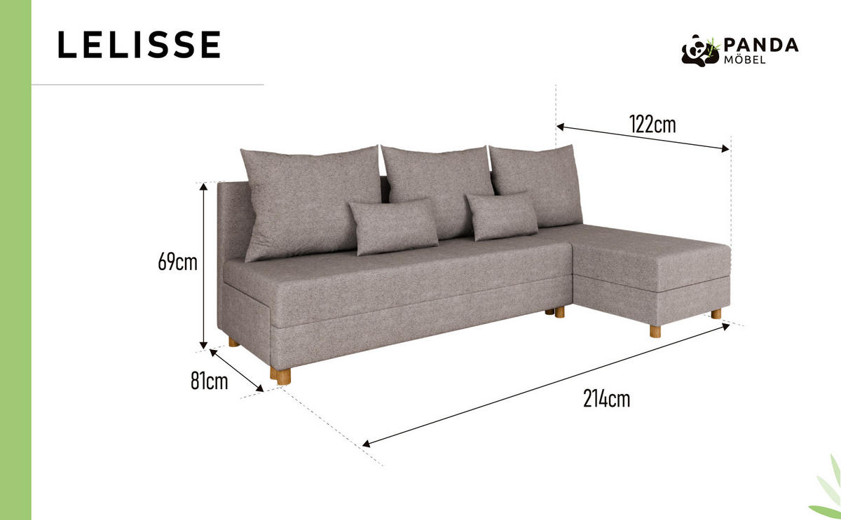 ECKSOFA Lellice L-Form- links oder rechts montierbar, grau - Grau, Holz (214/122cm) - Panda Möbel