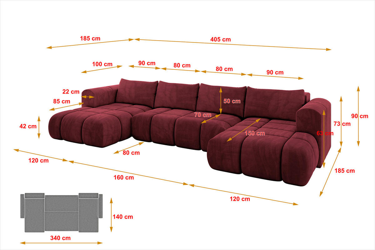 WOHNLANDSCHAFT CLOUD-U 405x185x90 Bordeaux Velours - Bordeaux, Holzwerkstoff/Kunststoff (405/90/185cm) - ALTDECOR