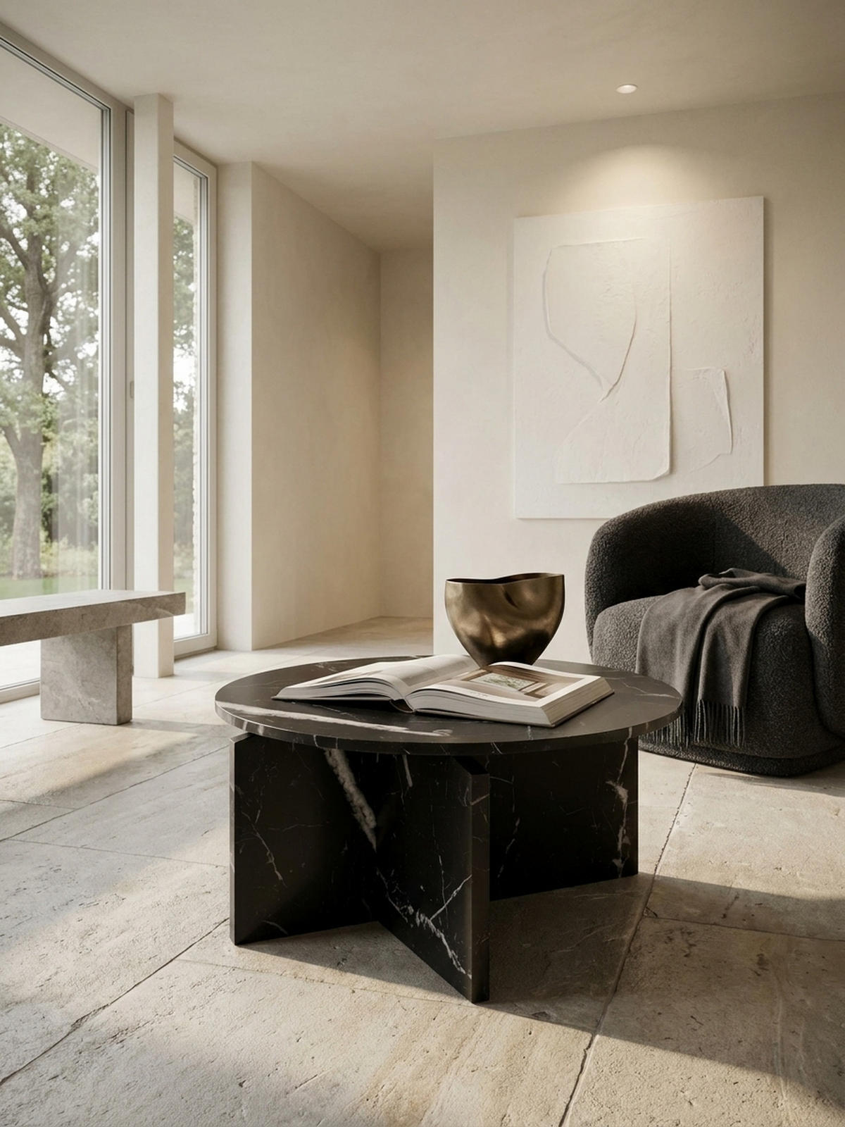 COUCHTISCH rund in Stein-Optik – modernes Design in Großformat, Schwarz 70x70x33 cm - Schwarz, Holzwerkstoff (70/70/33cm) - KADIMA DESIGN