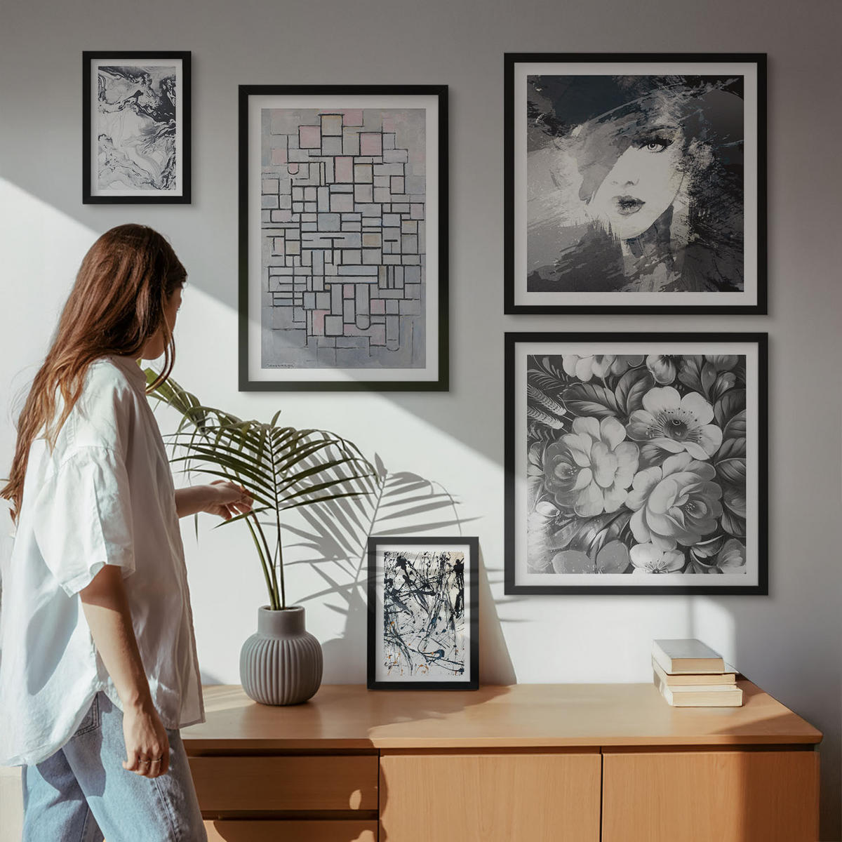 WANDBILDER 5er-Set - 50x50 cm & 20x30 cm & 40x60 cm Schwarzer Rahmen - Abstrakte schwarz-weiße Muster - Schwarz, Kunststoff (40/60cm) - ArtPrintCave