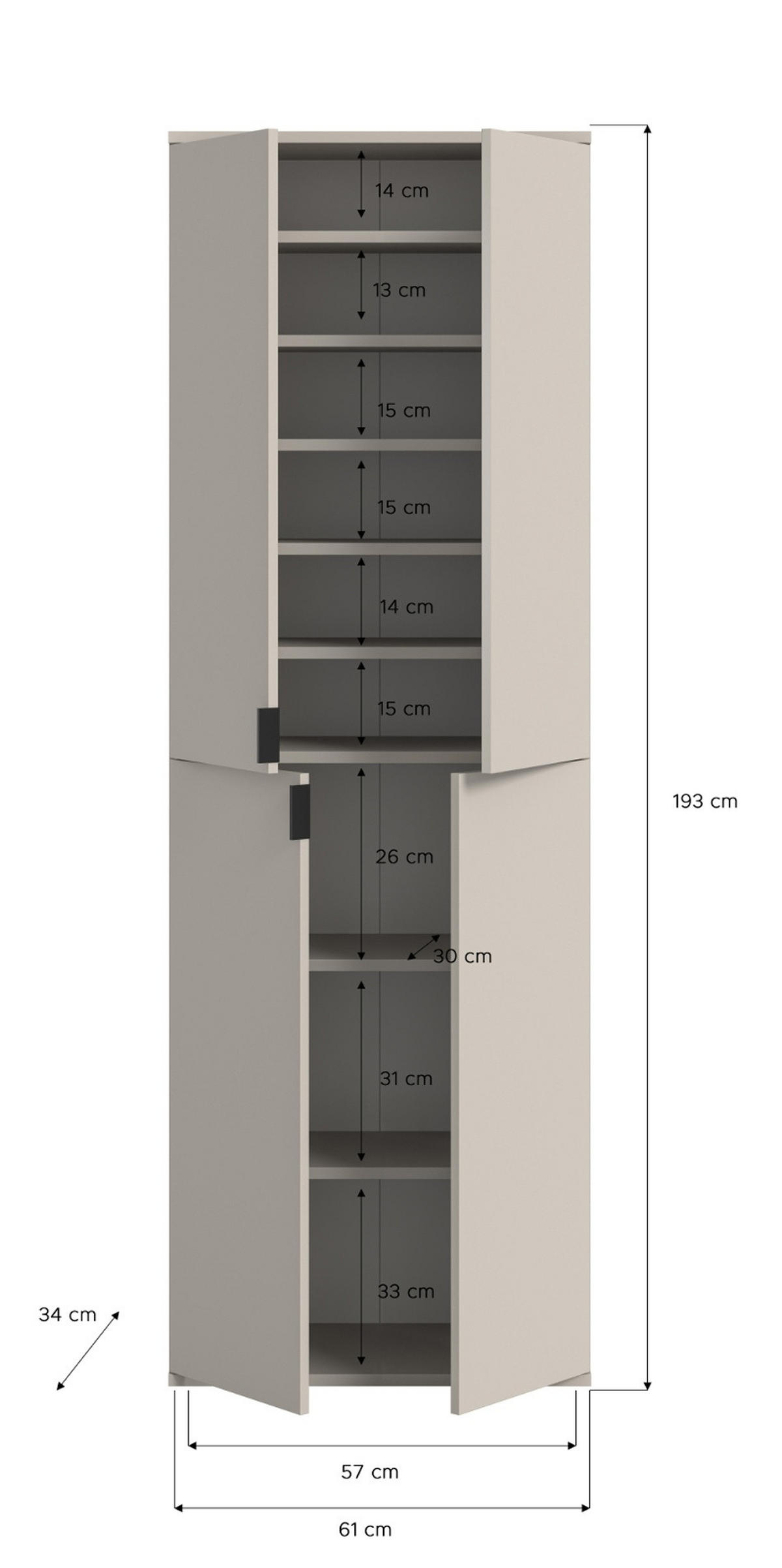 GARDEROBENSCHRANK Kaschmir 61 x 193 cm, Flurschrank mit 9 Fächern - Kaschmir/Schwarz, Holzwerkstoff/Metall (61/193/34cm) - Inn.Furn