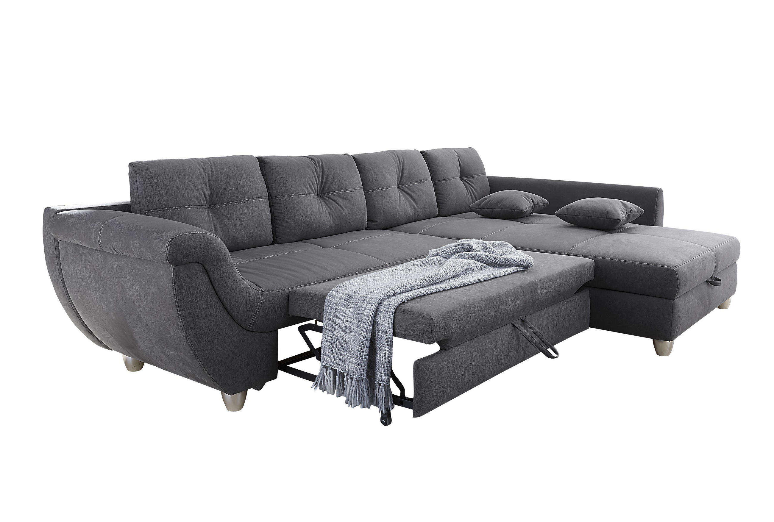 ECKSOFA mit Schlaffunktion und großem Bettkasten, seitenverkehrt montierbar B330/T207/H90 cm, Liegefl. 153x270 cm, Mikrofaser Grau / 15230 - Chromfarben/Grau, Kunststoff/Textil (330/207cm) - luma-home