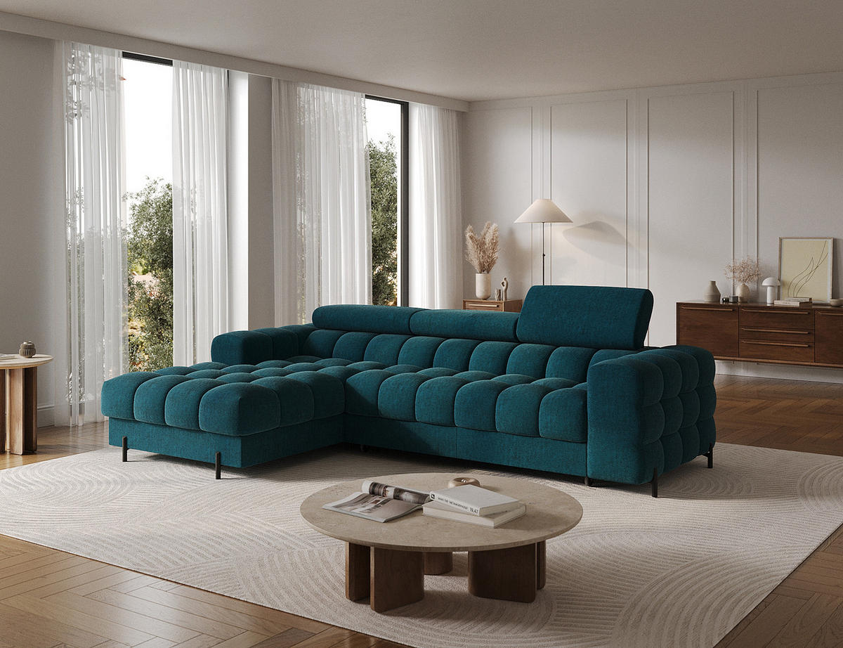 ECKSOFA FELRO mit Schlaffunktion, Bettkasten & verstellbaren Kopfstützen – Modernes Premium-Ecksofa in L-Form - Blau, Kunststoff (285/181cm) - Wohnideebilder