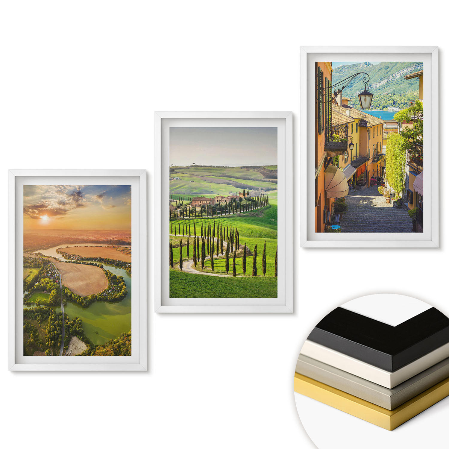 WANDBILDER 3er-Set - 40x60 cm Weißer Rahmen - Italienische Landschaften, Flussstraße - Weiß, Kunststoff (40/60cm) - ArtPrintCave