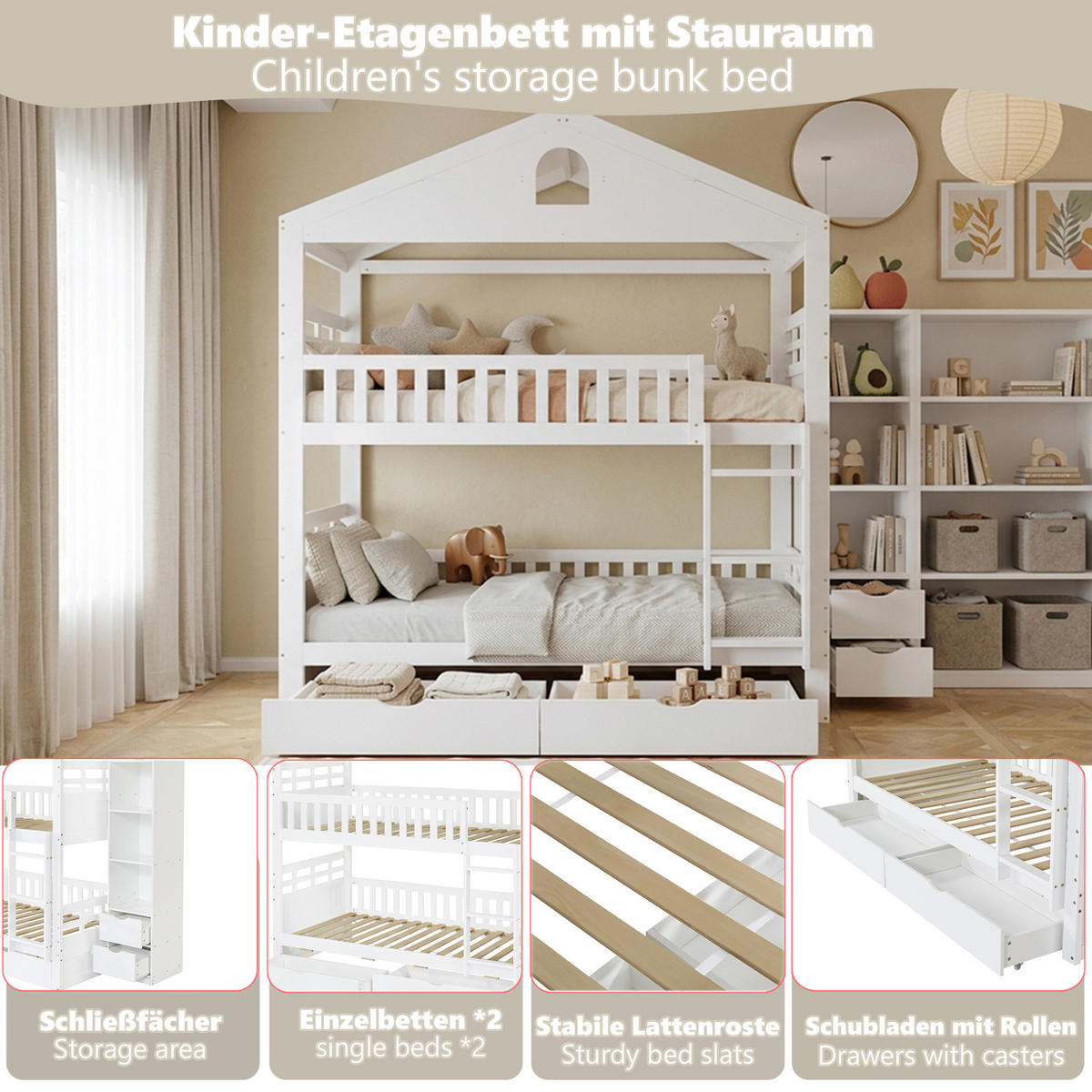 ETAGENBETT aus Kiefernholz 90x200 cm Weiß mit Hausdesign, 2 Schubladen und seitlichem Stauraum - Weiß, Holz (90/200cm) - Modfu