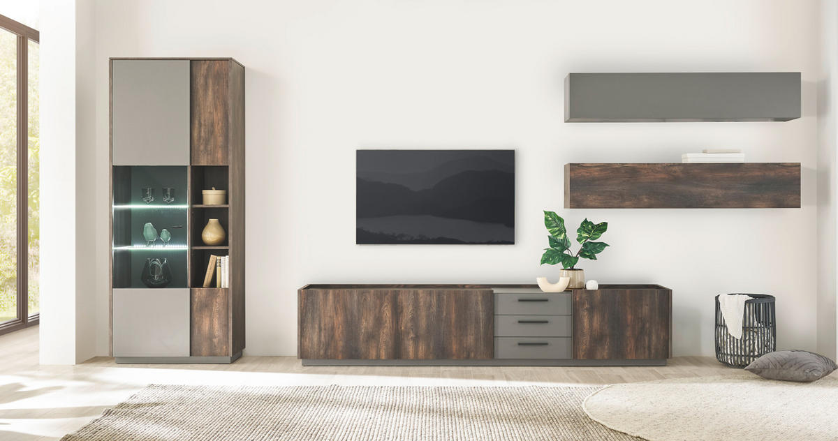 VITRINE Piano in Eiche und grau 80 x 200 cm - Eichefarben/Schwarz, Glas/Holzwerkstoff (80/200/40cm) - Furn.Design