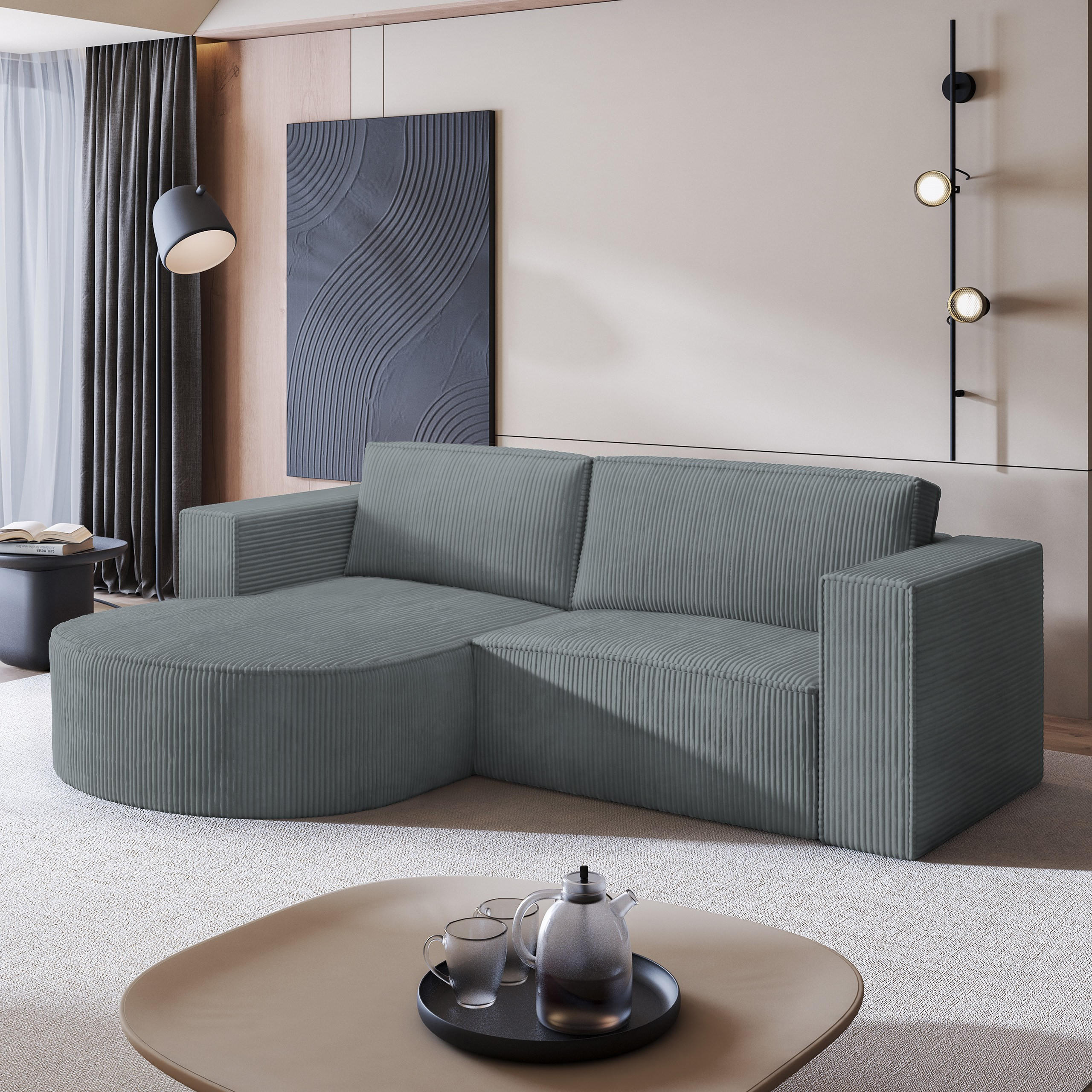 ECKSOFA SORELA P L-S Grau Kordstoff mit Schlaffunktion - Grau, Holz (263/174cm) - MASSENO