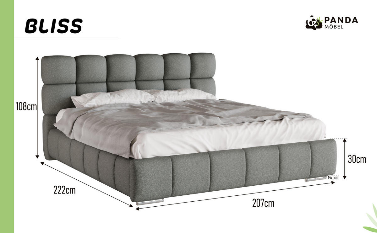 POLSTERBETT Bliss 180 x 200 cm mit Bettkasten und Lattenrost taschenfederkernmatratze mit kokos 21cm - dunkelgrau - Dunkelgrau, Holz (180/200cm) - Panda Möbel