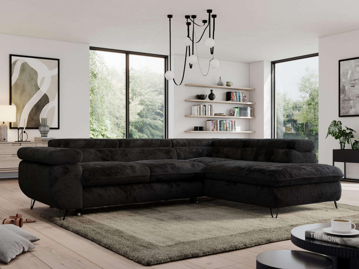 ECKSOFA PEDRO L Schwarz Plüsch - Rechts Seite - Schwarz, Textil/Metall (273/208cm) - MKS
