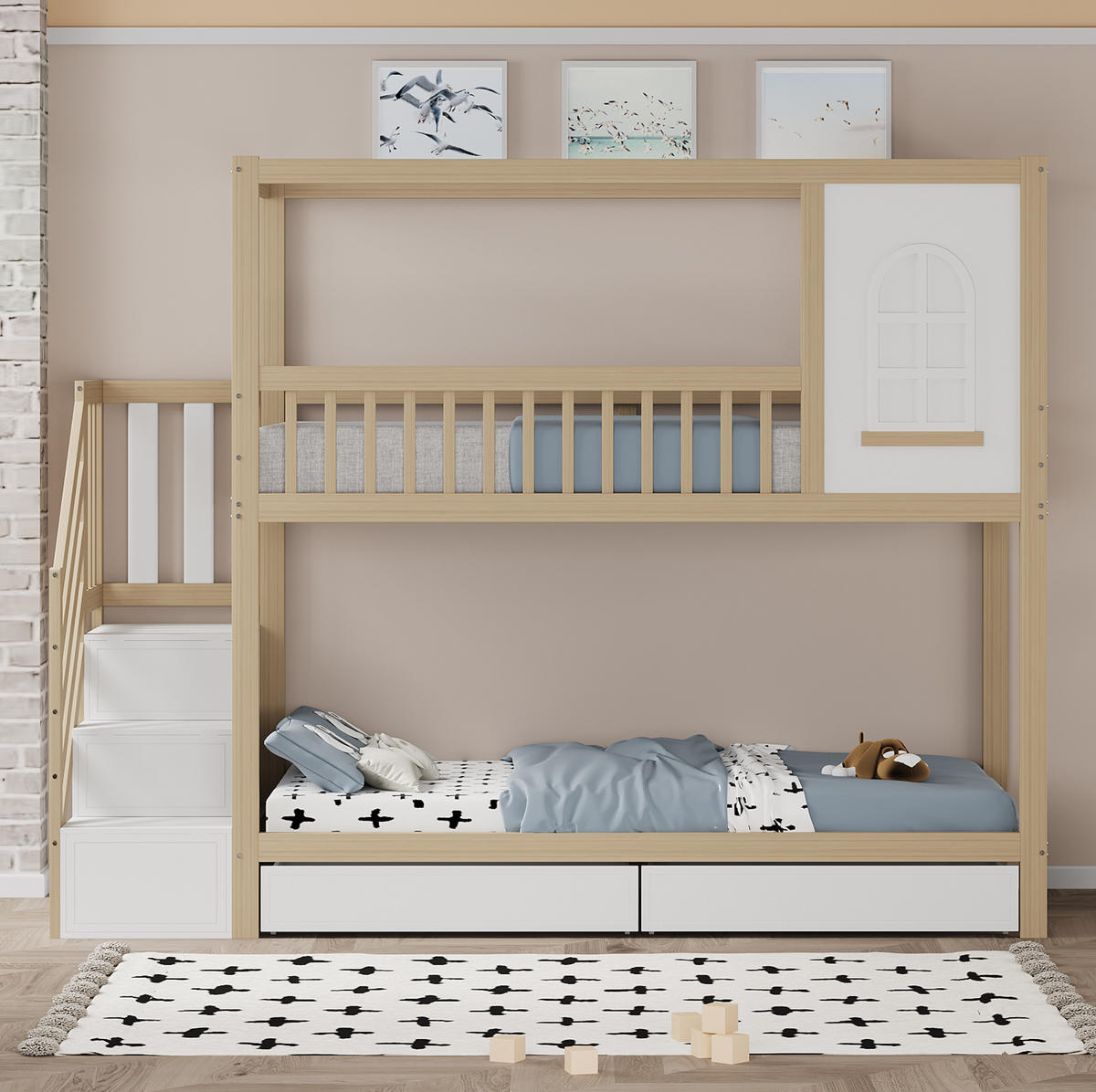 ETAGENBETT 90/200 cm aus Holz mit Leiter, Fenstern und Schubladen Natur - Naturfarben, Holz (90/200cm) - Modenvie