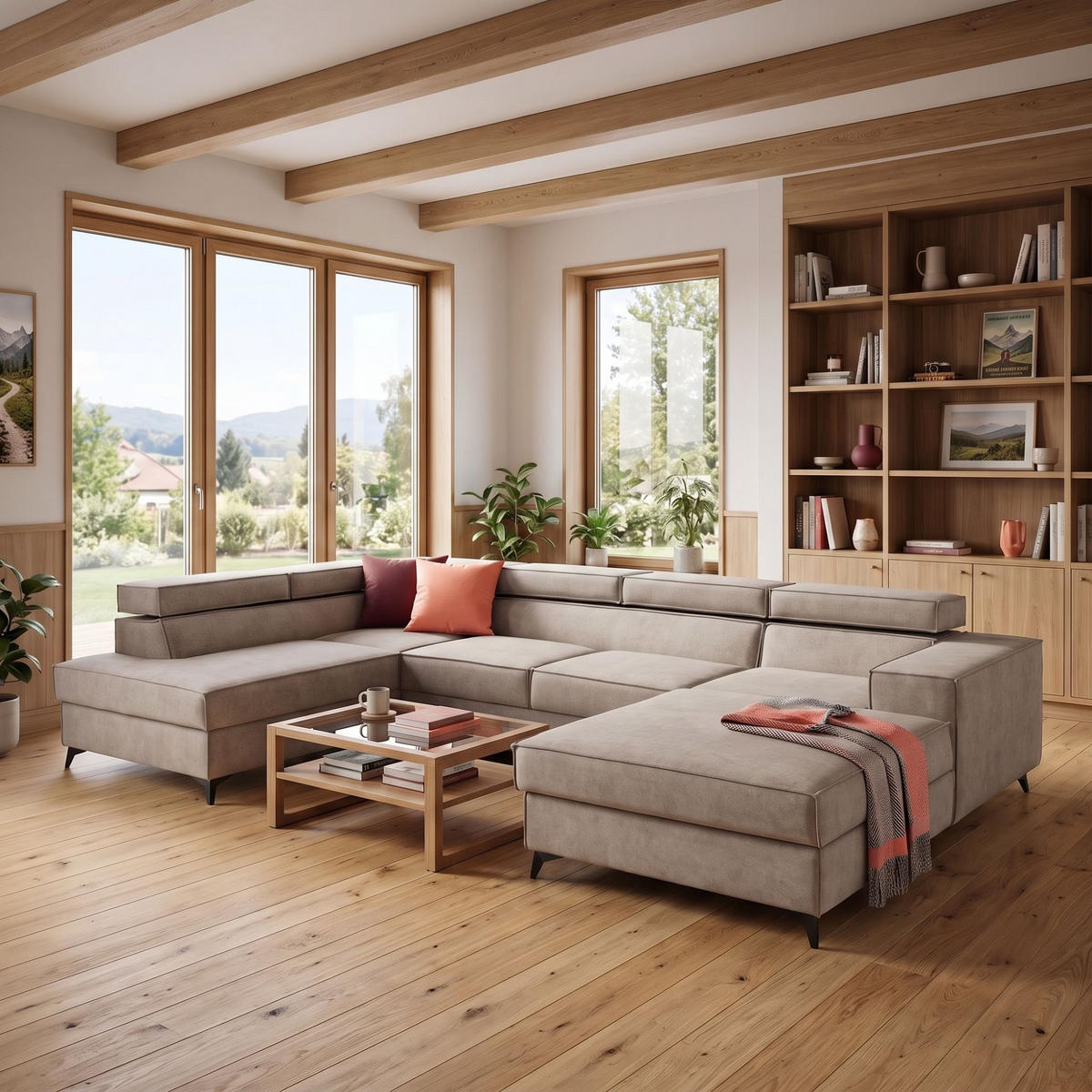 ECKSOFA PURE U Links mit Schlaffunktion 127x270 Velours Creme - Creme/Schwarz, Holz/Textil (340/204cm) - Muffo