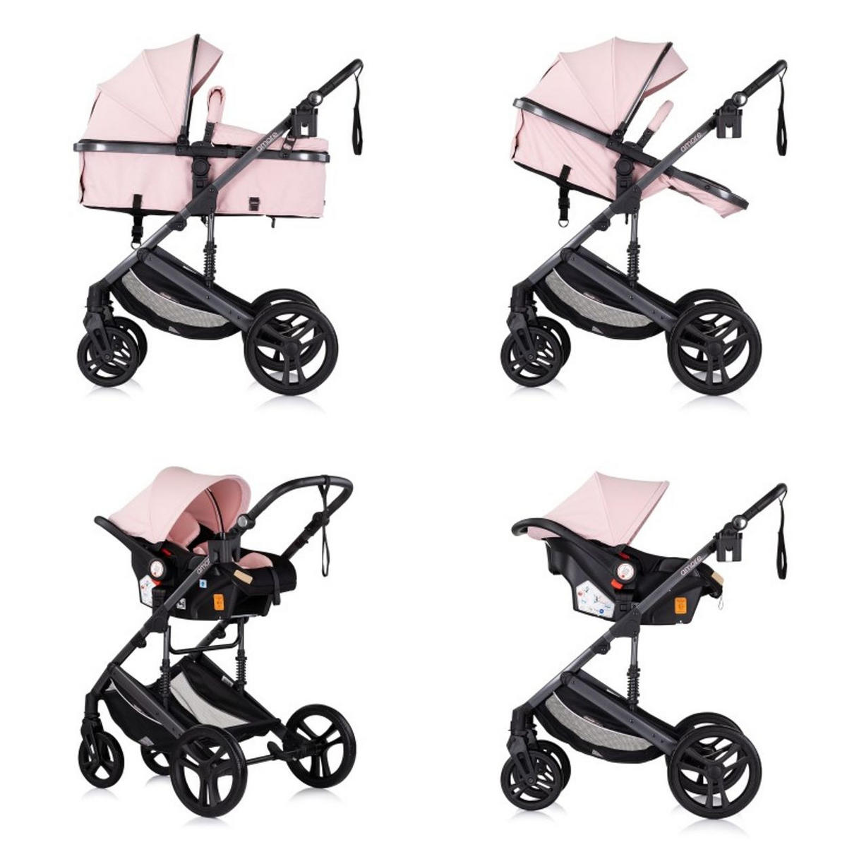 KOMBIKINDERWAGEN Amore 3 in 1 pink Babyschale Adapter Wickeltasche Fußabdeckung - Rosa, Metall (95/63/105cm) - Chipolino