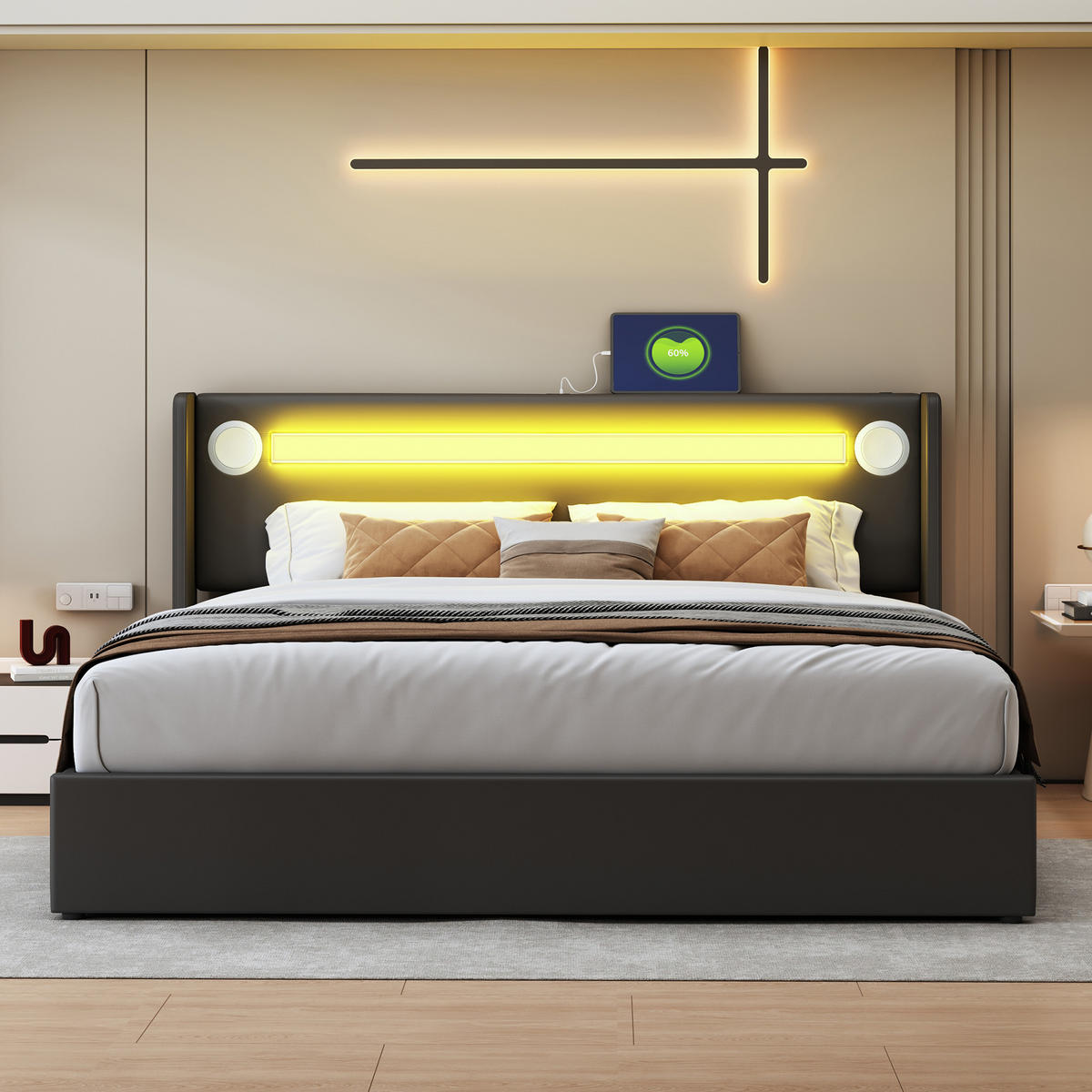 POLSTERBETT 160/200 cm schwarz mit LED-Beleuchtung und Bluetooth-Player - Schwarz, Kunststoff (160/200cm) - OKWISH