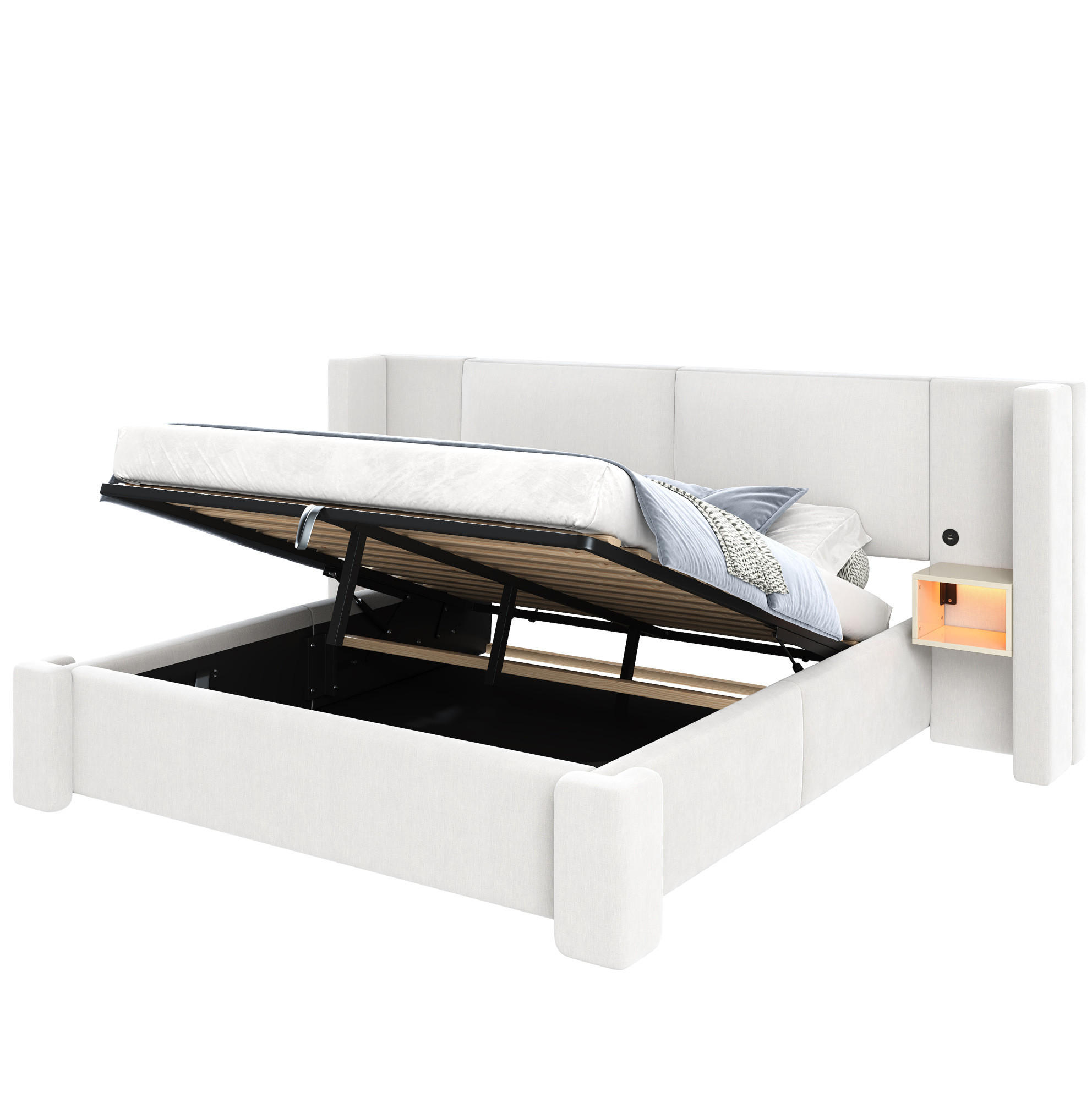 POLSTERBETT aus Leinen und MDF 140x200 cm Beige mit LED-Beleuchtung und hydraulischem Stauraum - Beige, Textil (140/200cm) - Modfu