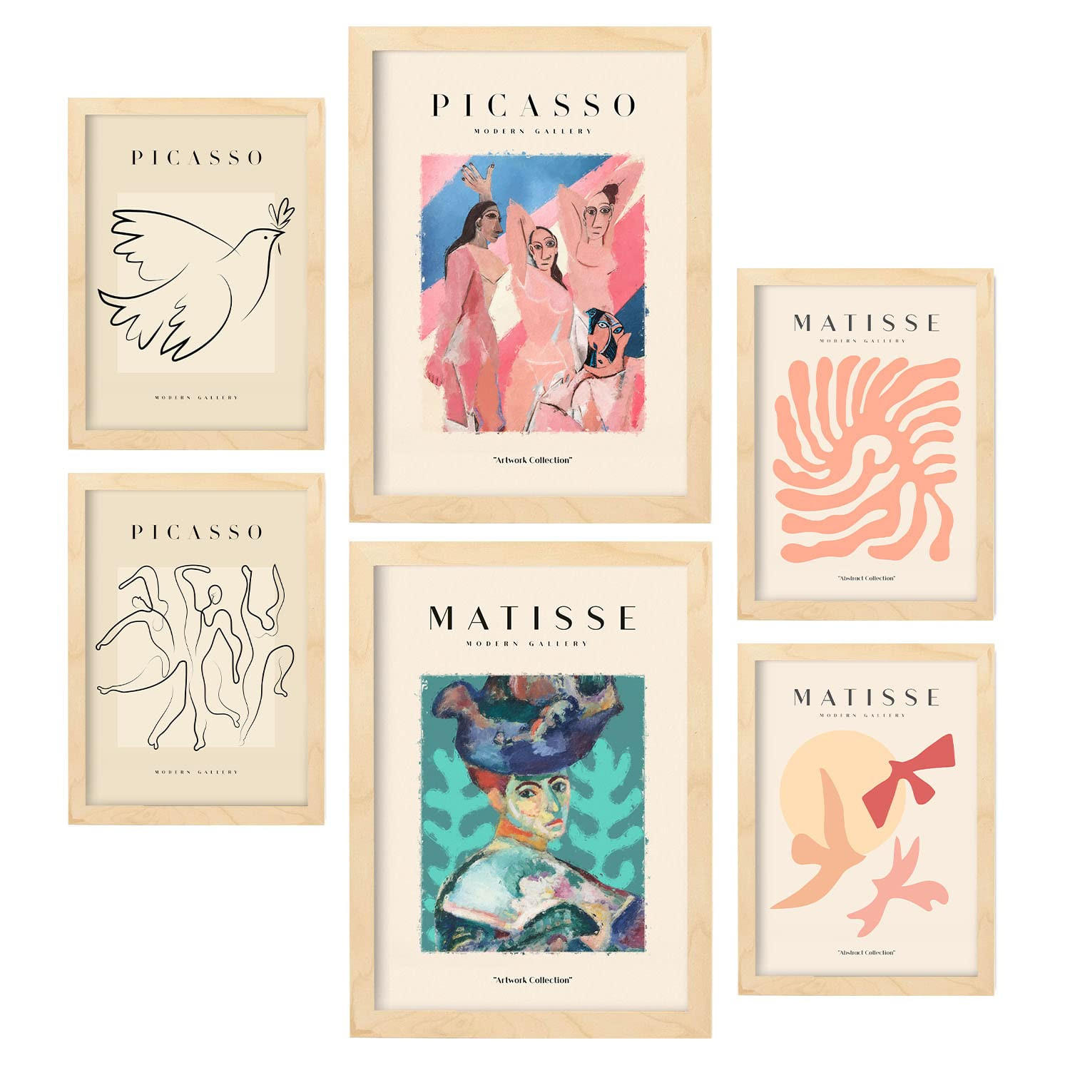 POSTER Set Mit 6 Von Picasso Und Matisse Körper Drucke Des Fauvismus Und Surrealismus Für Innenarchitektur A3 & A4 Rahmen Aus Hellem Holz - Beige, Papier (29/3cm) - Nacnic
